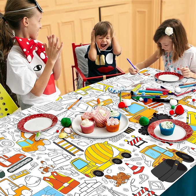 Construction Coloring Tablecloth for Kids, Huge 30x72 Inch Poster with Trucks, Cranes, Bulldozers, Tools, Idea for Party Games, Construction Decorations, Classroom Activities