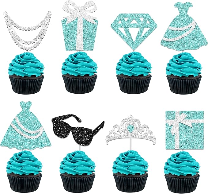 Breakfast Blue Cupcake Topper Teal Blue and Silver Bow Birthday Cupcake Pick 24Pcs Glitter Diamond Princess Cake Decorations for Teal Blue Bridal Shower Wedding Party Supplies