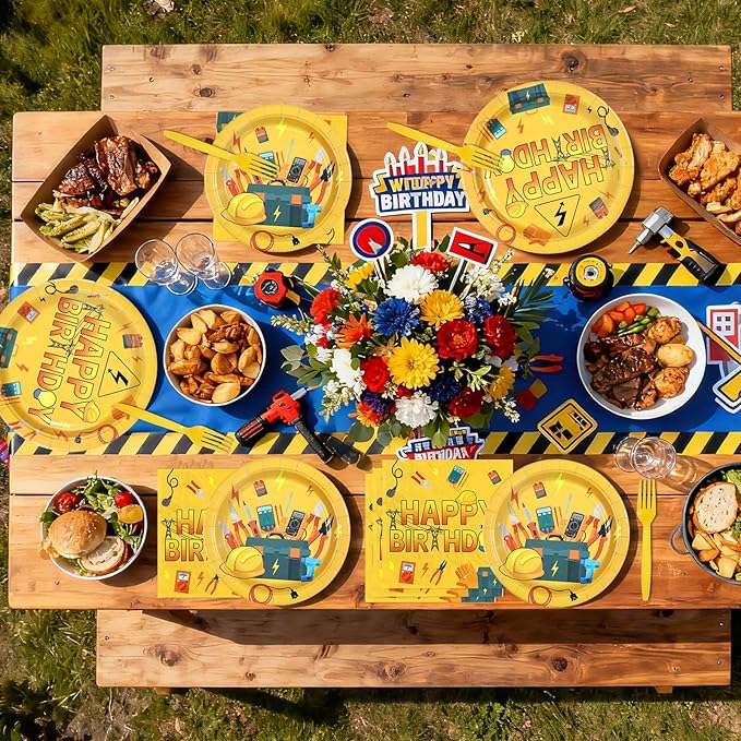 96Pcs Electrician Birthday Party Decorations Power Electrician Lineman Plates and Napkins Tableware Set Wire Gloves Bulb Switch Theme Decor for Boys Man Construction Birthday Party Supplies Serves 24