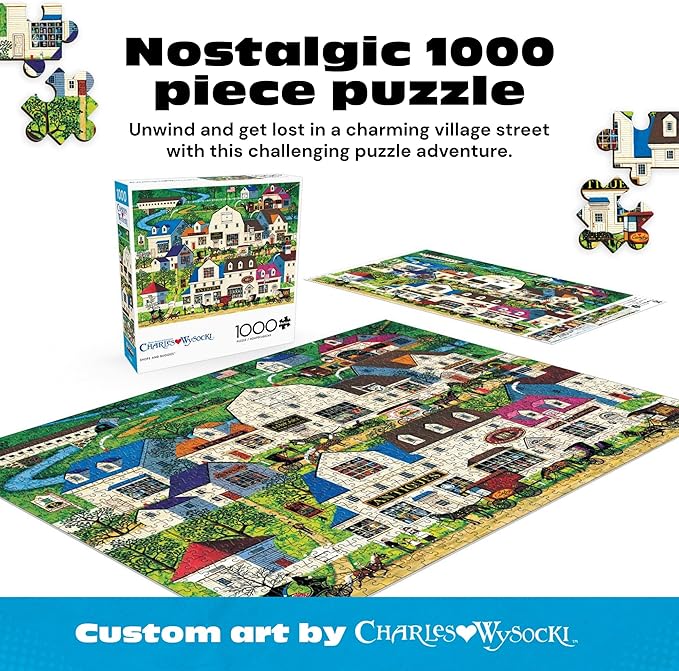 Buffalo Games - 1000 Piece Jigsaw Puzzle Charles Wysocki Shops and Buggies, Made in USA, Premium Recycled Board, Reference Diagram, Giftable