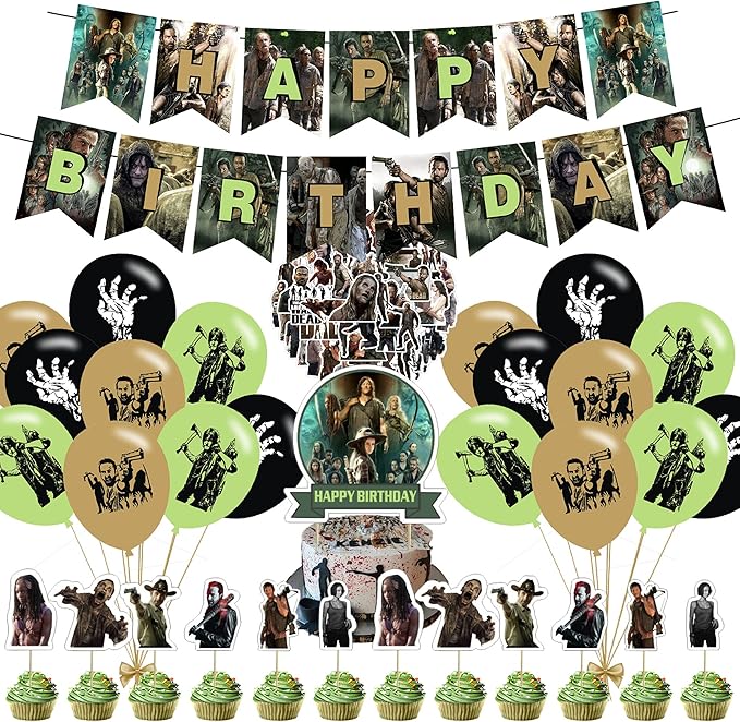 The Walking Dead Party Supplies - Birthday Decorations for TV Show Theme With Happy Birthday Banner, Cake Topper, Balloons, and Stickers