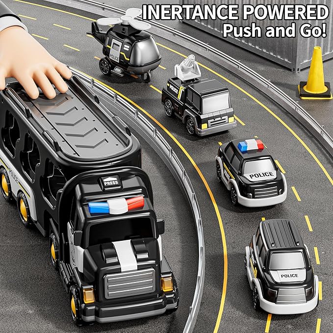 Police Truck Toy for 3 4 5 6 Years Old Boys - Carrier Vehicle Toy Set with 3 Small Cars and 1 Helicopter, Kids Firction Powered Car for Age 3-9, Gifts for Boys and Girls