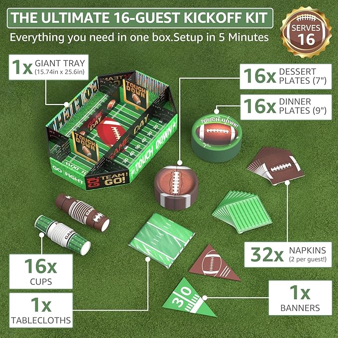 Football Birthday Party Decorations for Boys Serves 16 – Kids Sports Theme Party Supplies with Snack Stadium Tray, Plates, Cups, Banner & Tablecloth