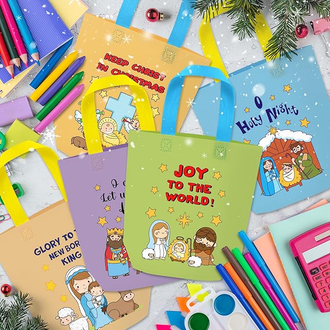 Christmas Coloring Goodie Bags for Kids - 24Pcs Nativity Bulk Color Your Own Gift Bags with Handle Religious Theme Reusable Non Woven Coloring Tote Packet for DIY Painting Crafts Holiday Party Favors