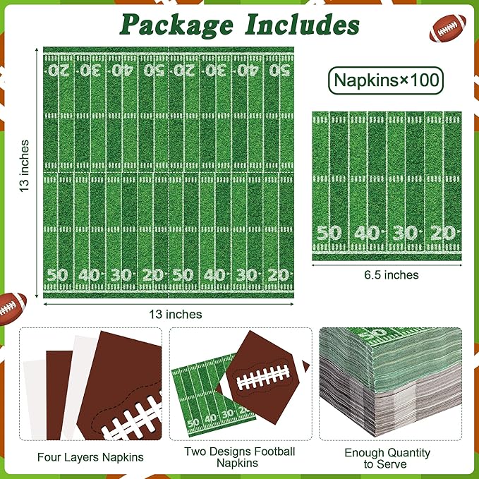 100 PCS Football Party Supplies, 6.5 Inches Football Napkins with 2 Styles, Disposable Football Paper Napkins, Football Party Napkins for Football Theme Game Day Touchdown Birthday Decorations