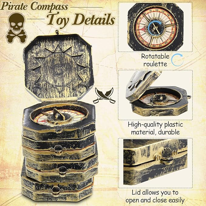 12 Pieces Pirate Party Favor Supplies, Plastic Compass for Kids Antique Captain Toy, Mini Compass Theme Party Decoration for Halloween Birthday, Cosplay Costume (Bronze)