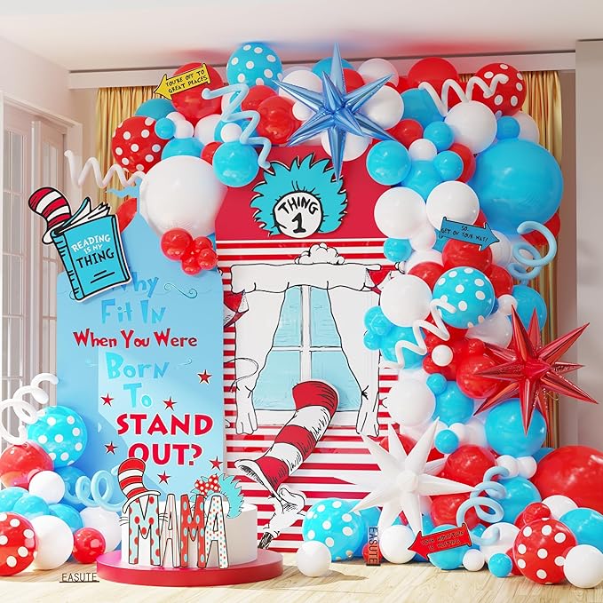 Cat Hat Themed Party Decorations 135PCS Red Blue White Balloon Arch Garland Kit Thing 1 and Thing 2 Birthday Party Decoration Dr Baby Shower Decorations