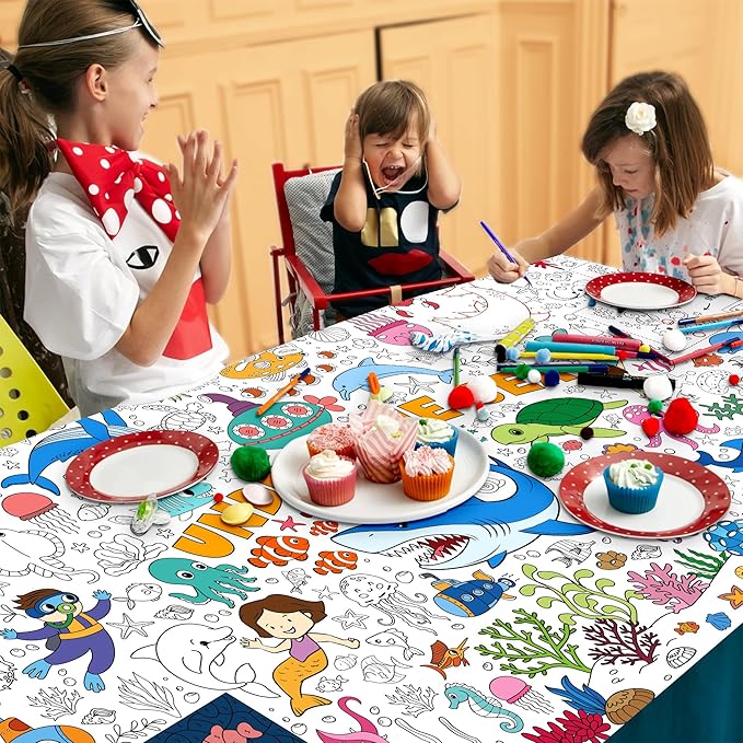 Under The Sea Coloring Tablecloth for Kids, Giant 30x72 Inch Poster with Shark, Turtle, Ocean Creatures, Perfect for Undersea Party Games, Aquatic Decorations, Classroom Fun, Event Supplies