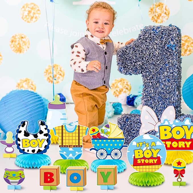 Boy Story Honeycomb Centerpieces - 12PCS Boy Story Baby Shower Party Honeycomb Centerpieces Baby Boys Party Table Decoration It’s a Boys Stories Table Topper for Birthday Party Supplies
