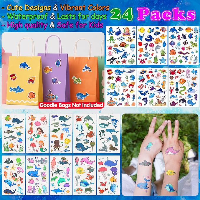 LINAYE 24 Packs Ocean Party Favors for Kids - 144 Pcs Under The Sea Party Favors with Marine Animals Building Blocks, Tattoo Stickers Sheets, Slap Bracelets Goodie Bag Stuffers for Kids
