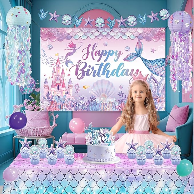 Mermaid Birthday Decorations For Women,Colorful Jellyfish Lanterns,Happy Birthday Backdrop,Banner Balloons,Table Cloth,Paper pom poms Party Supplies for Girls