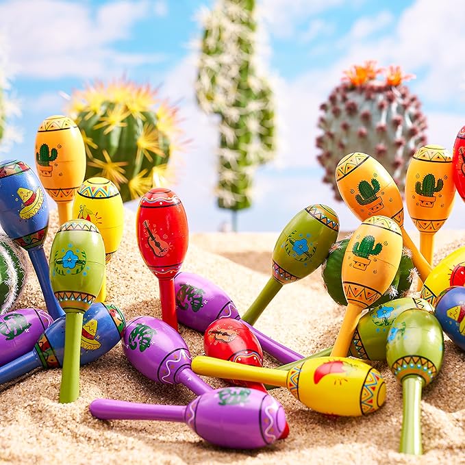 JOYIN 24 Mini Wooden Fiesta Maracas 6 Designs Noisemaker for Mexican Fiesta, Cinco De Mayo Party Favors, Musical Fun, Birthday Parties, Luau Party, Carnivals, Taco Tuesday Event