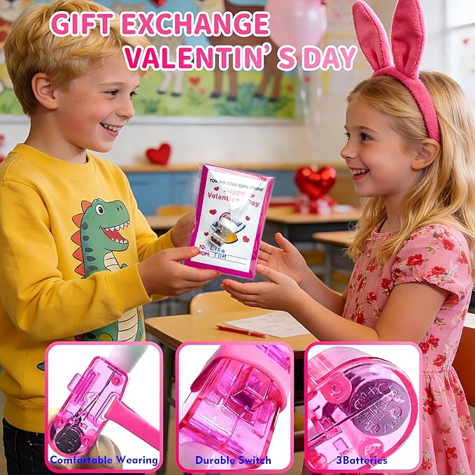 24 Pack Valentines Day Gift for Kids, Valentine Party Favors, Space LED Finger Lights with Cards, Glow in the Dark Toys, Classroom Exchange Prize, Goodie Bag Stuffers