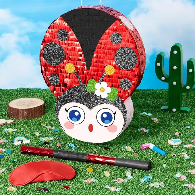 WERNNSAI Ladybug Piñata – Red Ladybug Party Piñata for Kids Birthday Games Garden Theme Parties Insect Theme Classroom Activities baby shower supplies with Blindfold and Stick
