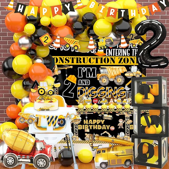 Construction 2nd Birthday Party Supplies ,Dump Truck 2nd Birthday Party Decorations Tableware Includes Box Cutout Sash Plates, Cup, Napkin, Balloon, Backdrop, Tablecloth, Banner, Construction 2nd