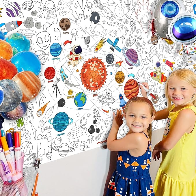 Outer Space Coloring Tablecloth for Kids, Giant 30x72 Inch Poster with Astronauts, Solar System, Perfect for Space Party Games, Galaxy Decorations, Classroom Fun, Celebration Supplies