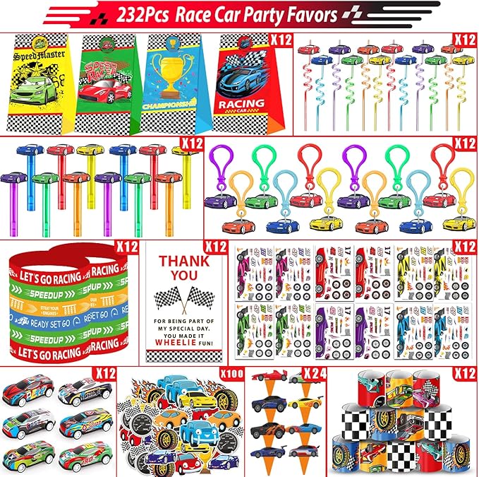 232PCS Race Car Birthday Party Favors Decorations Supplies Goodie Bag Stuffer Pinata Filler, Cars Themed Favors for Wheel Birthday Decorations