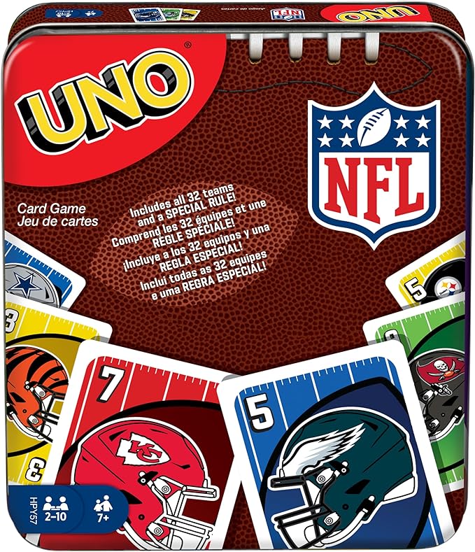 Mattel Games UNO NFL Card Game in Storage Tin Box for Kids, Adults, Parties & Travel with NFL Team Logos & Special Rule (Amazon Exclusive)