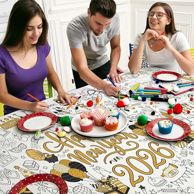 Happy New Year 2026 Coloring Tablecloth, Giant 30x72 Inches Activity Tablecloth with Fireworks and Countdown Designs, Perfect for New Year Party Activities, Party Decoration