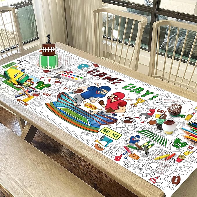 Football Coloring Tablecloth For Kids, Fun 30x72 Inch Poster With Footballs, Helmets, Field Designs, Perfect For Sports Party Games, Game Day Decorations, Classroom Fun, Celebration Supplies
