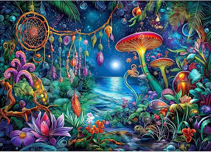 Blueforest Fantasy 1000 Piece Puzzle for Adults - Enchanted Garden Night Scene with Glowing Mushrooms, Challenging Art Jigsaw Puzzle 1000 Pieces, Framable Wall Art (27.5" x 19.6")