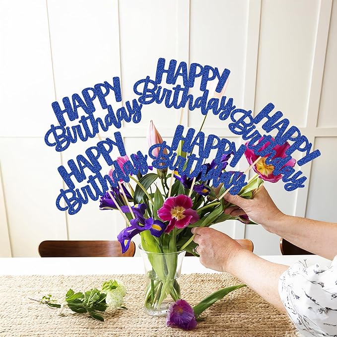 Gyufise 12Pcs Happy Birthday Centerpieces Sticks Double Sided Glitter Birthday Party Decorations Anniversary Table Flower Centerpiece for Celebrating Party Supplies Dark Blue