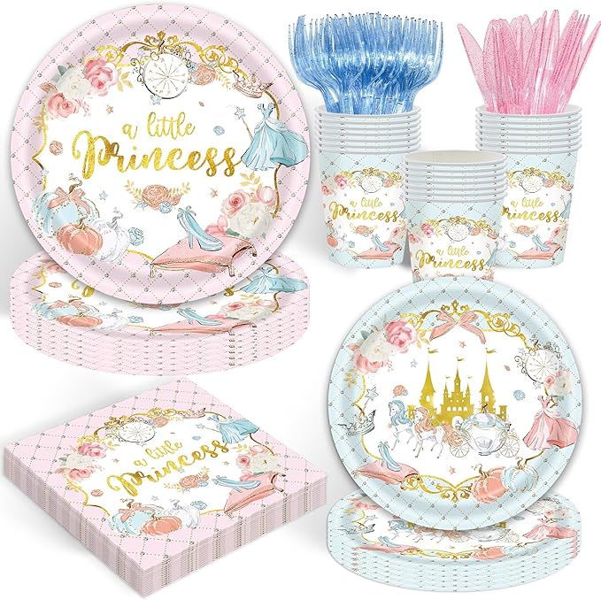 120 Princess Birthday Party Decorations, Princess Castle Plate and Napkins Set, Fairy Tale Princess Party Supplies for Girls' Birthdays, Suitable for 20 Guests