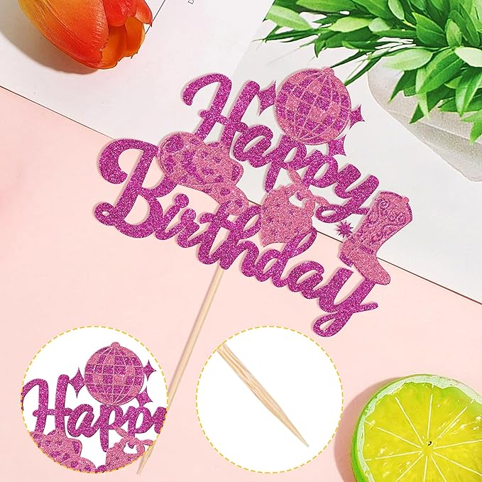 1 PCS Cowgirl Happy Birthday Cake Topper Glitter Western Cowgirl Birthday Cake Pick Hat Boot Disco Cowgirl Cake Decorations for Western Cowgirl Rodeo Theme Girls Birthday Party Supplies Rose Red