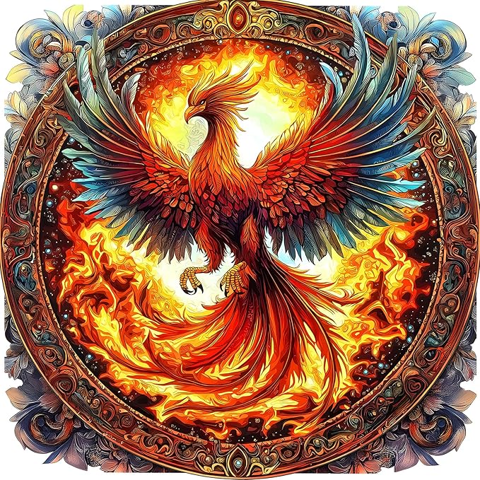 Puzzles for Adults 500 Pieces, Mythical Fiery Phoenix Ornate Round Jigsaw Puzzle, Challenging Fantasy Art Puzzle, Home Wall Decor Gift for Mythology Lovers Puzzle Enthusiasts 20x20 Inch
