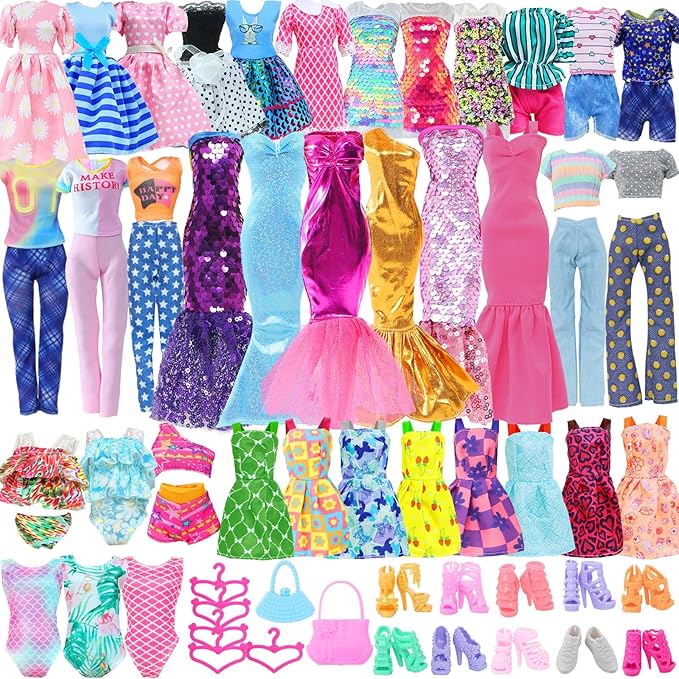 40Pcs Doll Clothes and Accessories Including 2 Fashion Evening & 2 Casual Dresses, 1 Sequins & 3 Slip Dresses, 2 Swimwear, 10 Pairs of Shoes, 5 Hangers, 12 Accessories for 11.5 inch Girl Doll