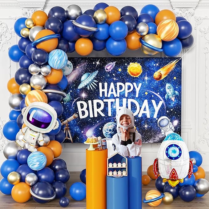 Outer Space Birthday Decorations for Boys,Party Decor Supplies Boy Including Happy Birthday Backdrop,Rocket Balloons Astronaut Foil Balloon