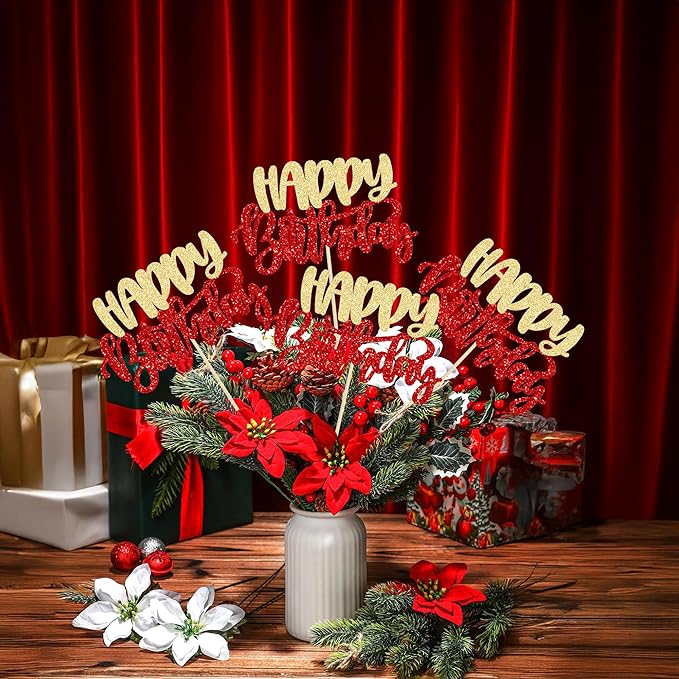Gyufise 12Pcs Happy Birthday Centerpieces Sticks Double Sided Glitter Birthday Party Decorations Anniversary Table Flower Centerpiece for Celebrating Party Supplies Gold Red