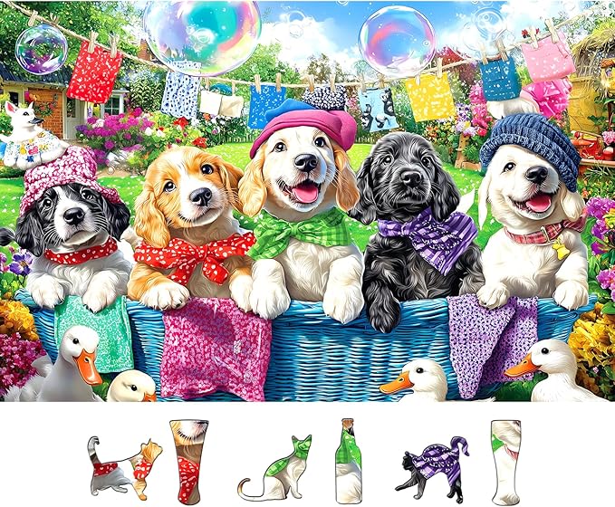 Laundry Day Dogs 500 Piece Jigsaw Puzzle for Adults Colorful Garden Scene with Puppies Animal Puzzle with Letters on Back Fun & Relaxing Gift for Seniors, Family, Adults (23”x15”)