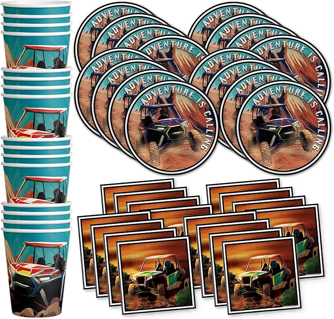 ATV Birthday Party Supplies Set - 4 Wheeler Birthday Party - Offroad Party Supplies - Racing Birthday Party Supplies | ATV Tableware Set Includes Plates, Napkins and Cups | Kit for 16
