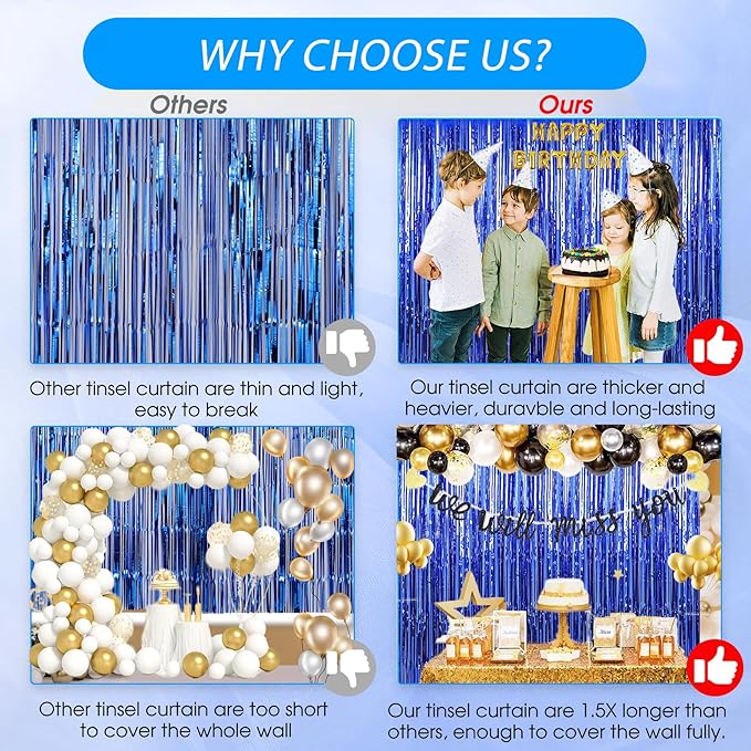 Birthday Party Decorations| 3 Pack 3.3 x 9.9 ft Blue Foil Fringe Curtains Party Supplies|Tinsel Curtain Backdrop for Parties, Glitter Streamers Backdrop for Birthday/Photo Booth Backdrops/Party Decor