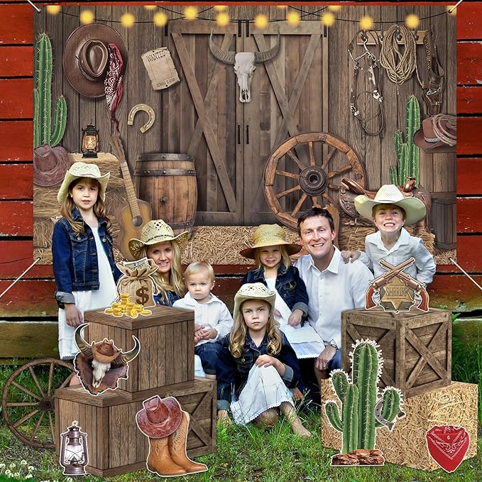 15 Pcs Western Cowboy Party Decorations Rustic Wooden House Barn Backdrop Wild West Hay Bales Boxes Trunk or Treat Car Decor for Halloween Farm Fall Harvest Thanksgiving Rodeo Birthday Party Supplies