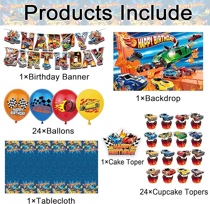 52Pcs Hot Car Birthday Party Decorations, Birthday Party Supplies for Hot Car Includes Banner, Backdrop, 24 Balloons, Cake Topper, 24 Cupcake Toppers, TableCloth