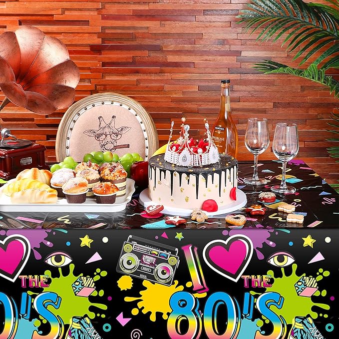 Tegeme 6 Pack 80s Plastic Party Tablecloth 80's Party Table Cover 80s Birthday Supplies The 80's Hip Hop Decoration Throwback Birthday Decoration for Dining Room, 54 x 108''