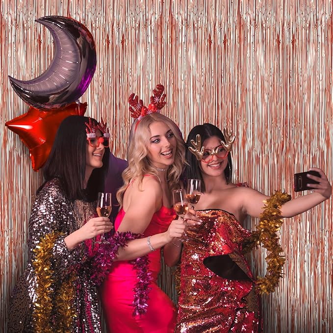 3 Pack 3.3 x 9.9 ft Rose Gold Foil Fringe Backdrop Curtain, Streamer Backdrop Curtains, Streamers Birthday Party Decorations, Tinsel Curtain for Parties, Galentines Decor, Photo Booth