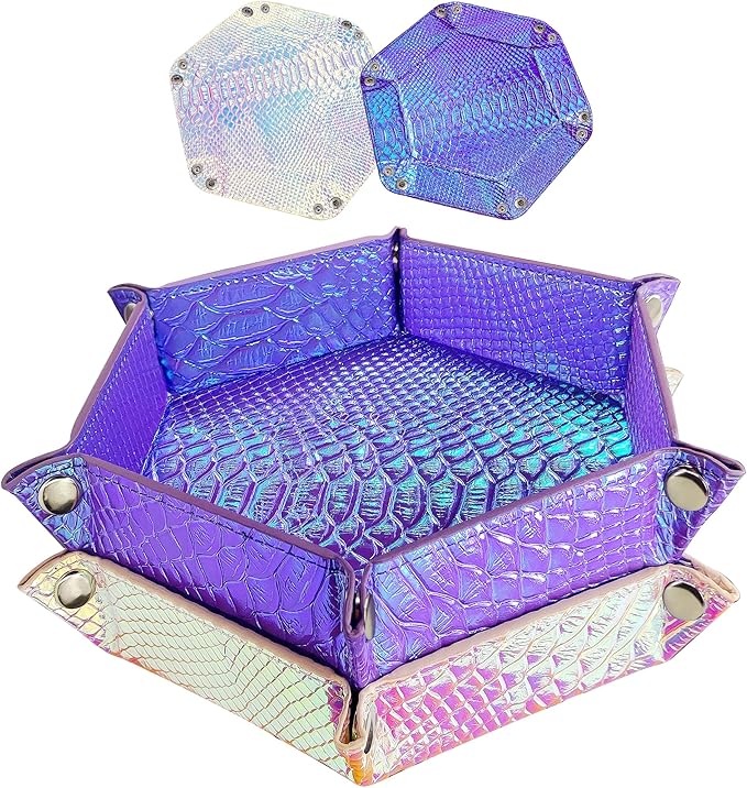 SIQUK 2 Pieces Mermaid Dice Tray PU Leather Dice Trays Portable Folding Hexagon Dice Roller Tray for Dice Games Like RPG, DND and Other Table Games (Violet, Light Violet)