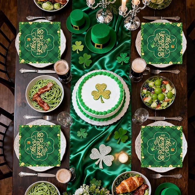 50 Pcs St Patrick's Day Shamrock Green Clover Paper Napkins, 6.5''x6.5'' Irish Green Gold Disposable Cocktail Beverage Napkins for Home Dinner Kitchen Bathroom Party Supplies