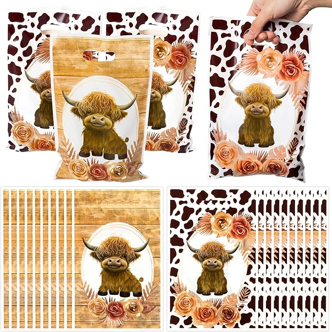 Highland Cow Party Favor Bags - 50Pcs Brown Cow Print Goody Candy Treat Gifts Bags, Highland Cattle Themed Party Decorations for Kids Birthday Baby Shower Animals Theme Events Supplies