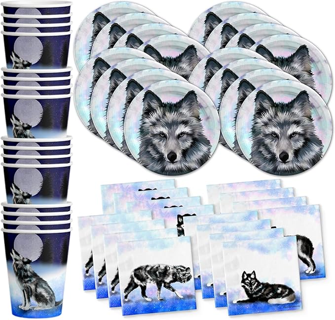 Wolf Birthday Party Supplies Set Plates Napkins Cups Tableware Kit for 16