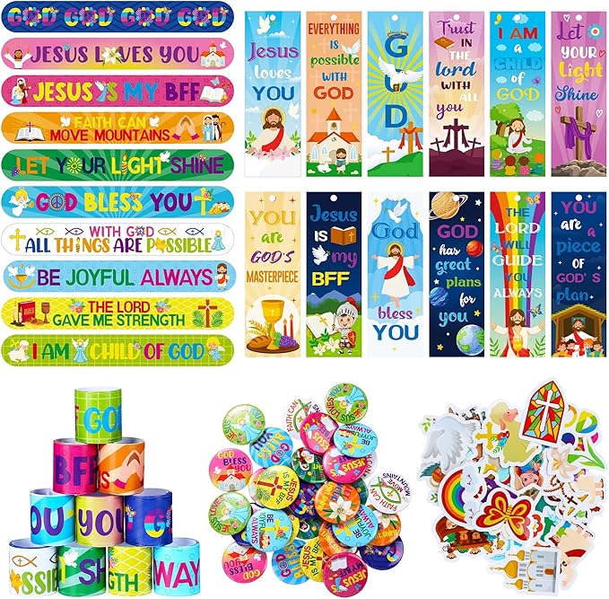 Frienda 170 Pcs Christian Party Favors for Kids Bible Verse Bookmark Religious Slap Bracelets Jesus Stickers Mini Buttons Pins for VBS Sunday School Valentines Day Christian Gifts Classroom Prizes
