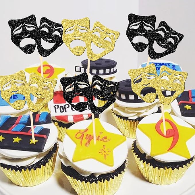24 PCS Theatrical Mask Cupcake Toppers Glitter Comedy Movie Night Cupcake Picks for Film Festival Theme Birthday Party Cake Decorations Supplies Black Gold