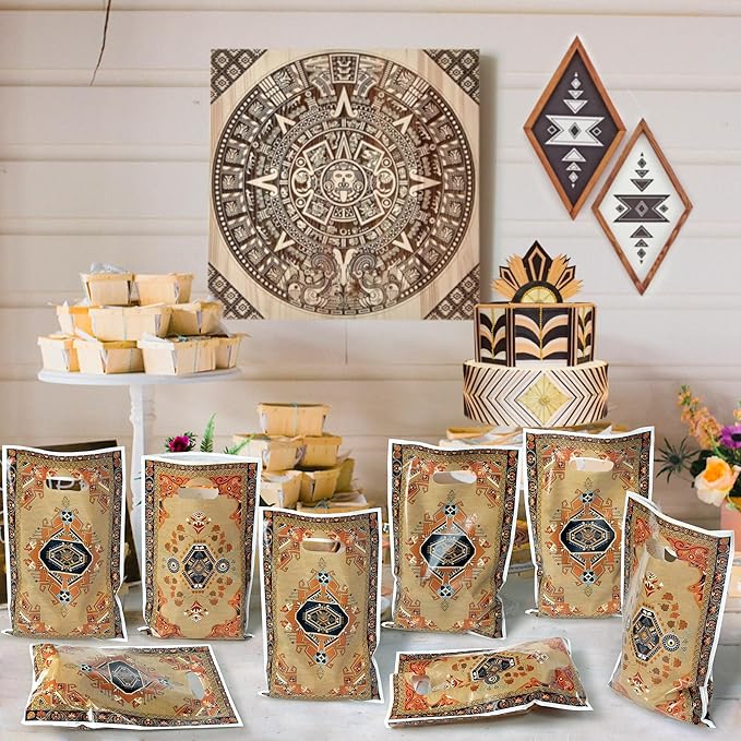 50Pcs Aztec Boho Party Favor Bag - Vintage Bohemian Retro Plastic Waterproof Goodie Bags Rustic Tribal Art Rectangular Gift Bags for Kids Birthday Baby Shower Decoration Party Supplies