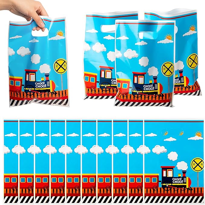 3sscha 50Pcs Train Party Favor Bags Transportation Themed Waterproof Goodie Bag with Die Cut Handles Railway Traffic Glossy Plastic Candy Gift Pack for Kids Birthday Baby Shower Decoration Supplies