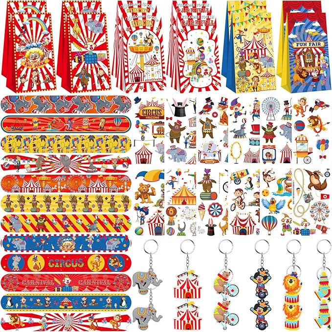 Circus Party Favor Bags, 12 Slap Bracelets, 12 Carnival Party Bags, 12 Tattoo Stickers, 12 Carnival Keychains for Circus Themed Birthday Party Supplies