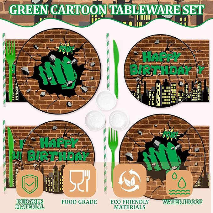 168PCS Green Hero Party Supplies SuperThemed Hero Birthday Party Decorations with Cartoon city Paper Plates and Napkins Forks Knives and Straws for 24 Guests