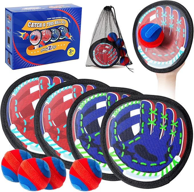 Playzap Toss and Catch Ball Set - Baseball Glove Toy Indoor Outdoor Yard Game & Beach/Pool/Sand Toy Set 2 Pack or 4 Pack - Easter Basket Stuffers for Toddlers Kids Youth Boys Girls 2-4 5-7 8-13+ Yrs